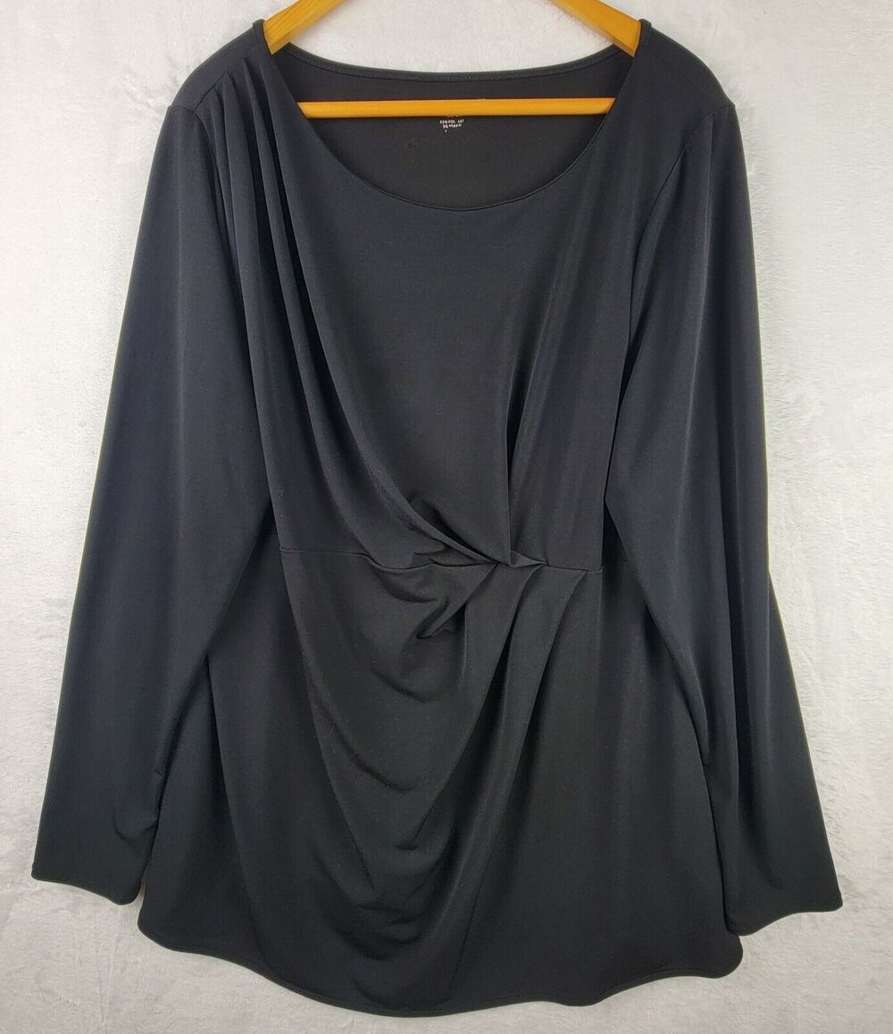 Lane Bryant Knit Top Size 18 20 Long Sleeve Pleated Detail Pullover Black Tunic